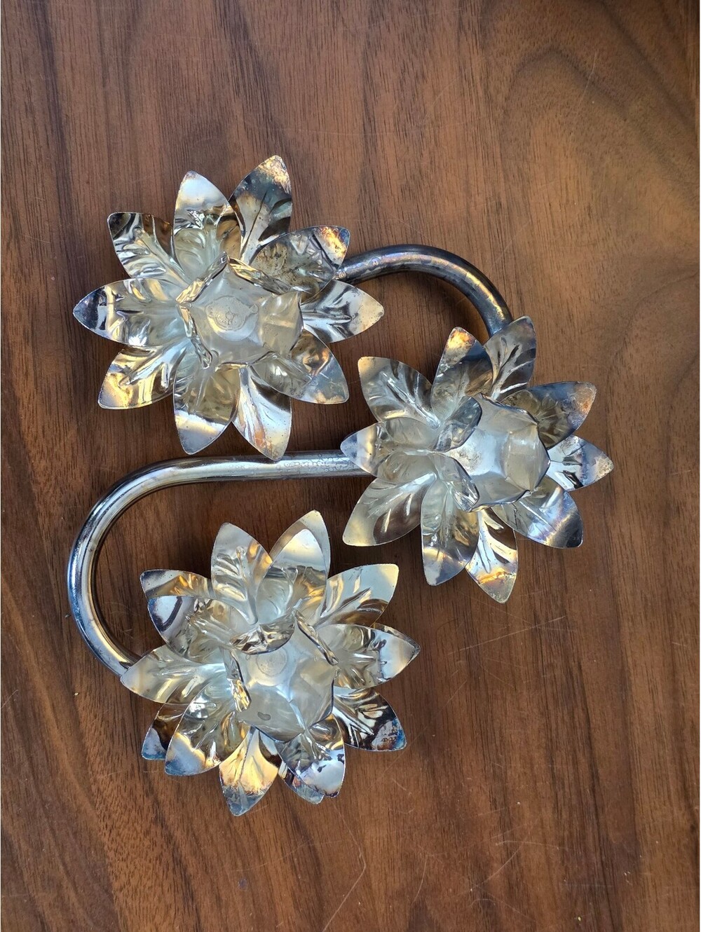 Vintage Mid-Century Silver-Plated Lotus Flower 3-Taper Candle Holder 6" NIB